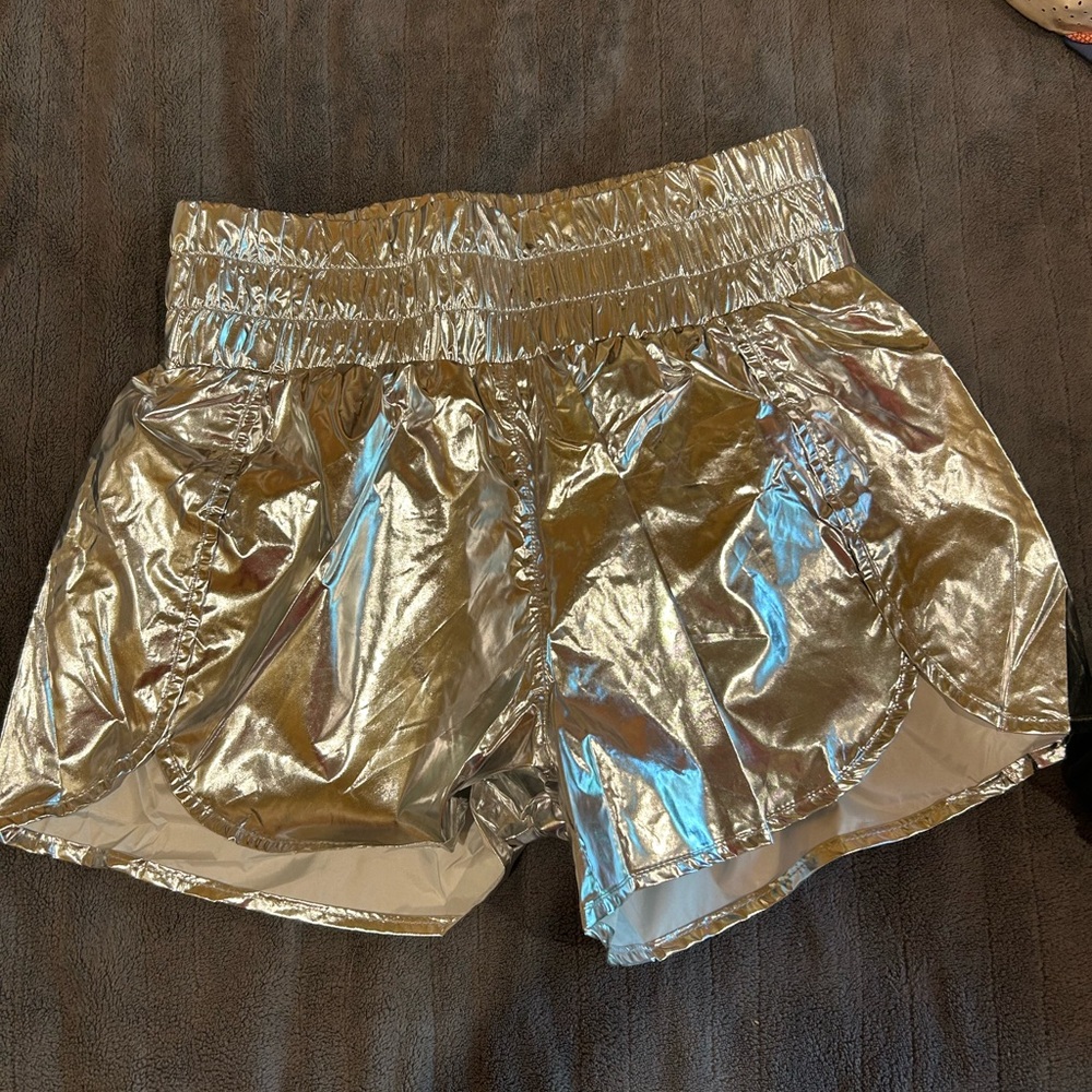 Pink Lily silver Athletic Shorts with Iridescent Finish